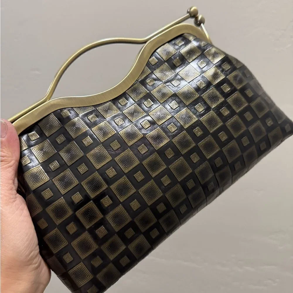 Vintage Pattern Genuine Calfskin Handmade Double Kisslock Purse/Multi Use Style